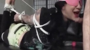 Asian whore blindfolded, gagged and used as a cum dumpster